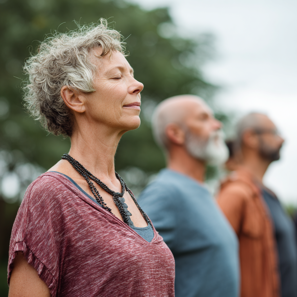 Middle-aged adults practicing gentle movement exercises in a natural outdoor setting