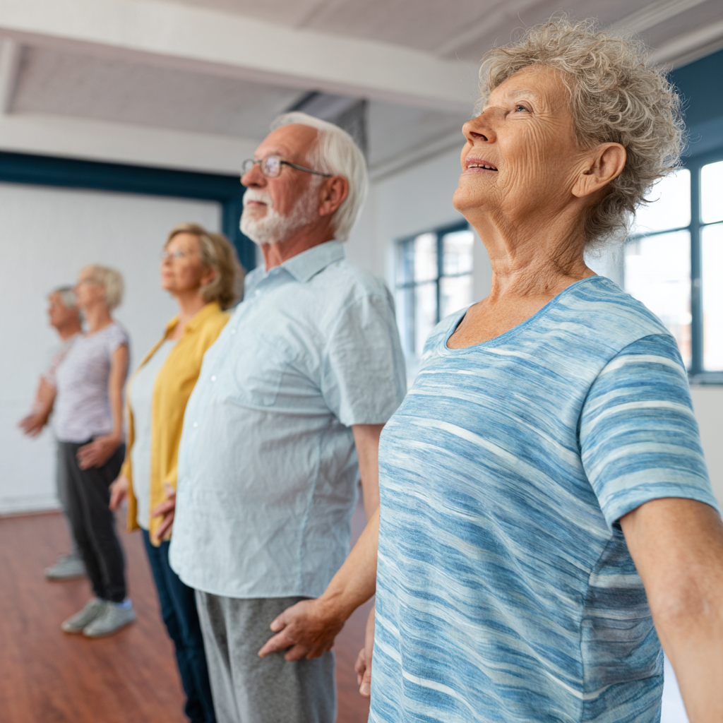 Older adults demonstrating proper posture and balance techniques in a supportive group environment